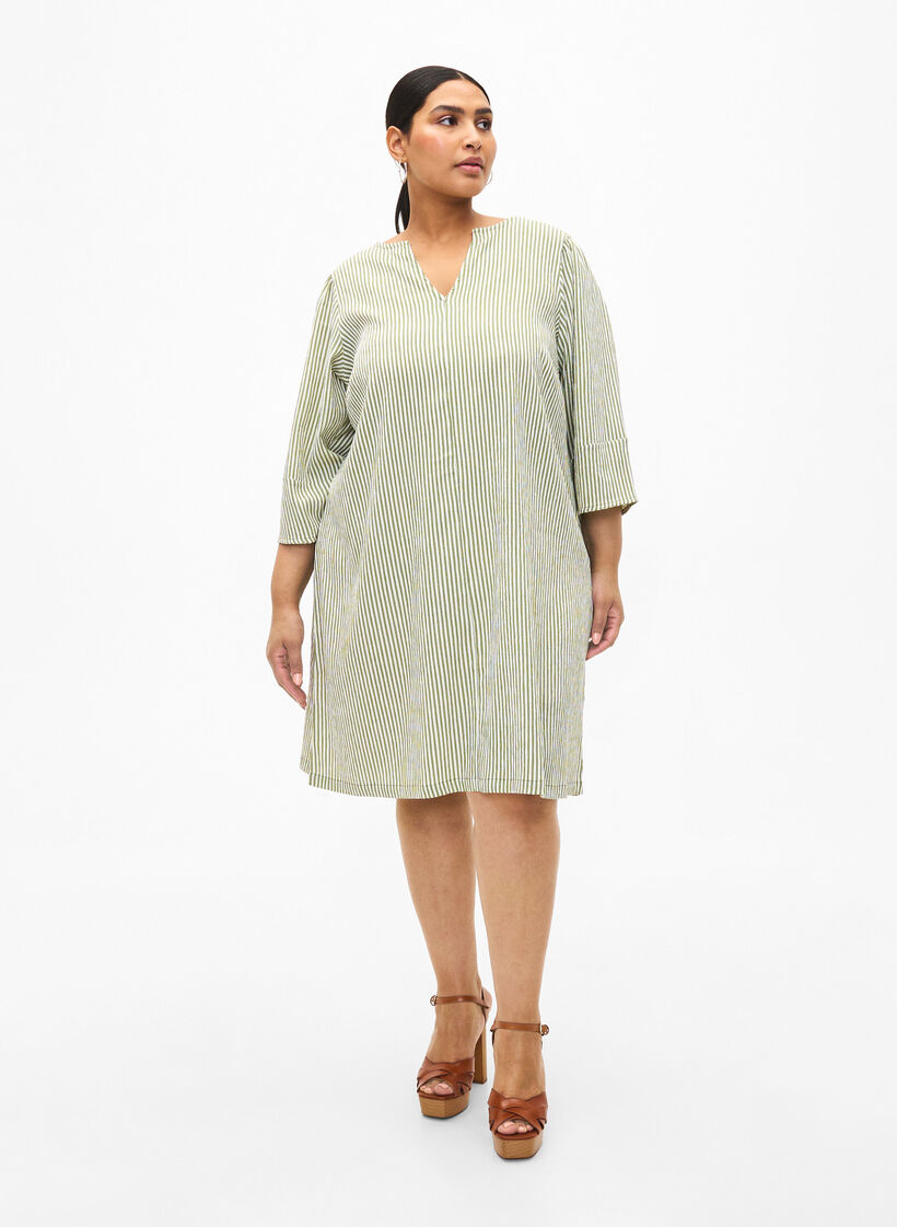 Gestreepte jurk met 3/4 mouwen, Green Stripe, Model image number 2