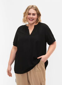 Viscose blouse met korte mouwen en v-hals, Black, Model