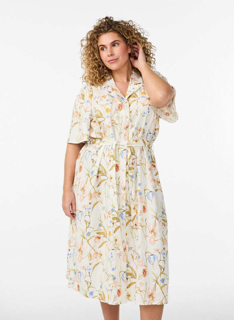 Shirtjurk in linnen en viscose met strikceintuur, Vanille, Model image number 0