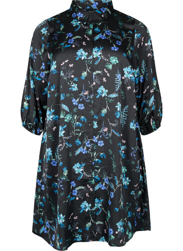 Robe chemise avec manches 3/4 et imprimé floral, Blue Flower AOP, Packshot image number 0