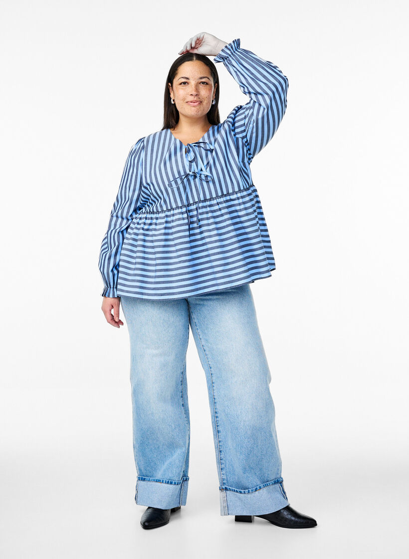 Chemisier à rayures et nœuds, Bleu, Model image number 1