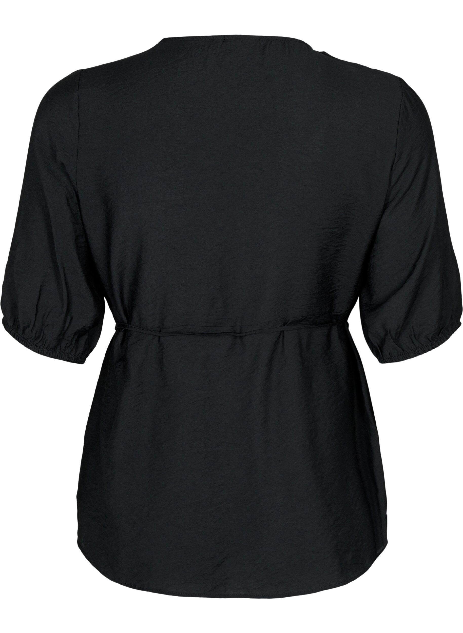 ZizziWikkelblouse van Viscose met korte mouw, Black, Packshot image number 1