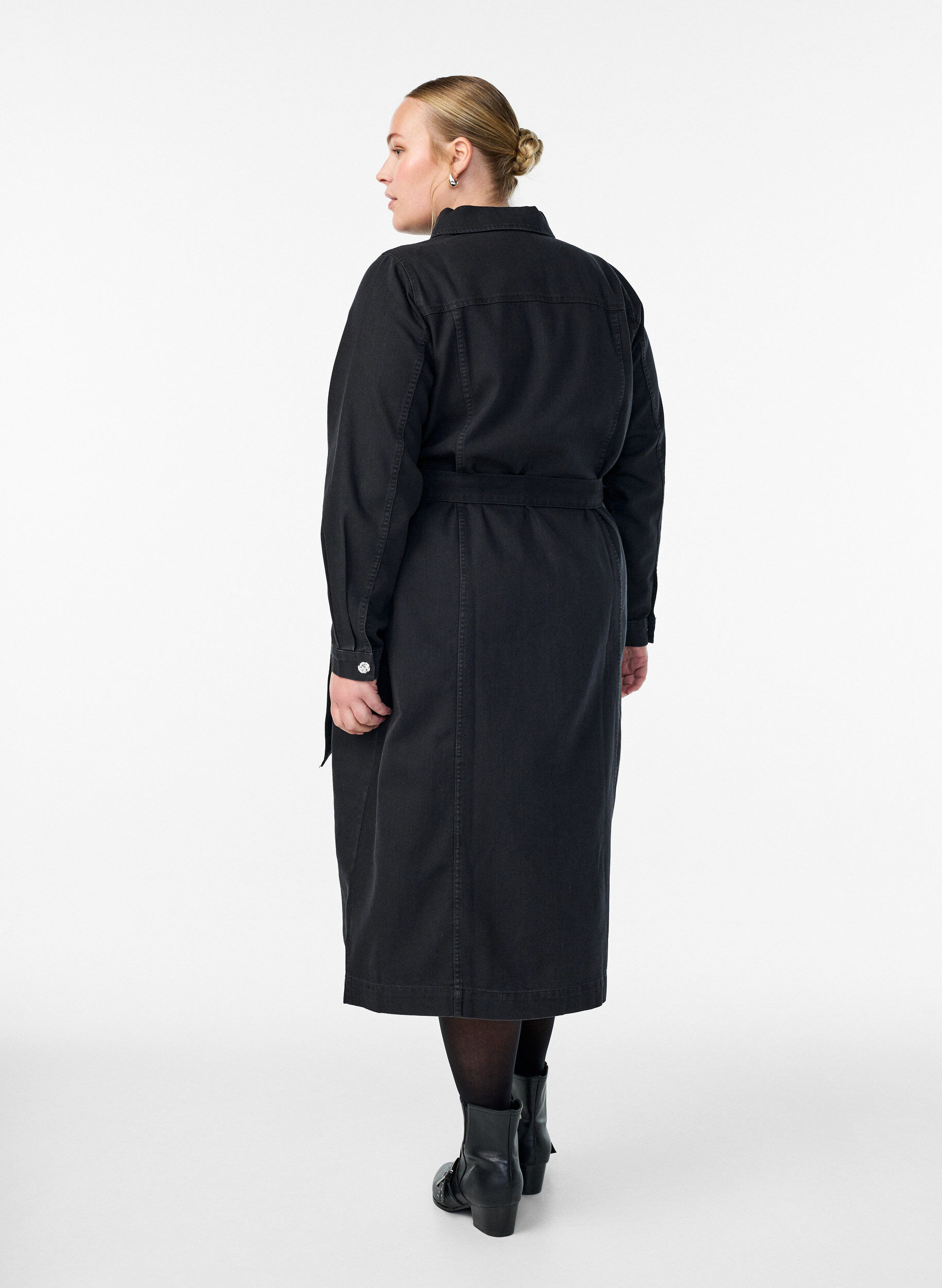 ZizziDenim midijurk met een riem en decoratieve knopen, Zwart, Model image number 2