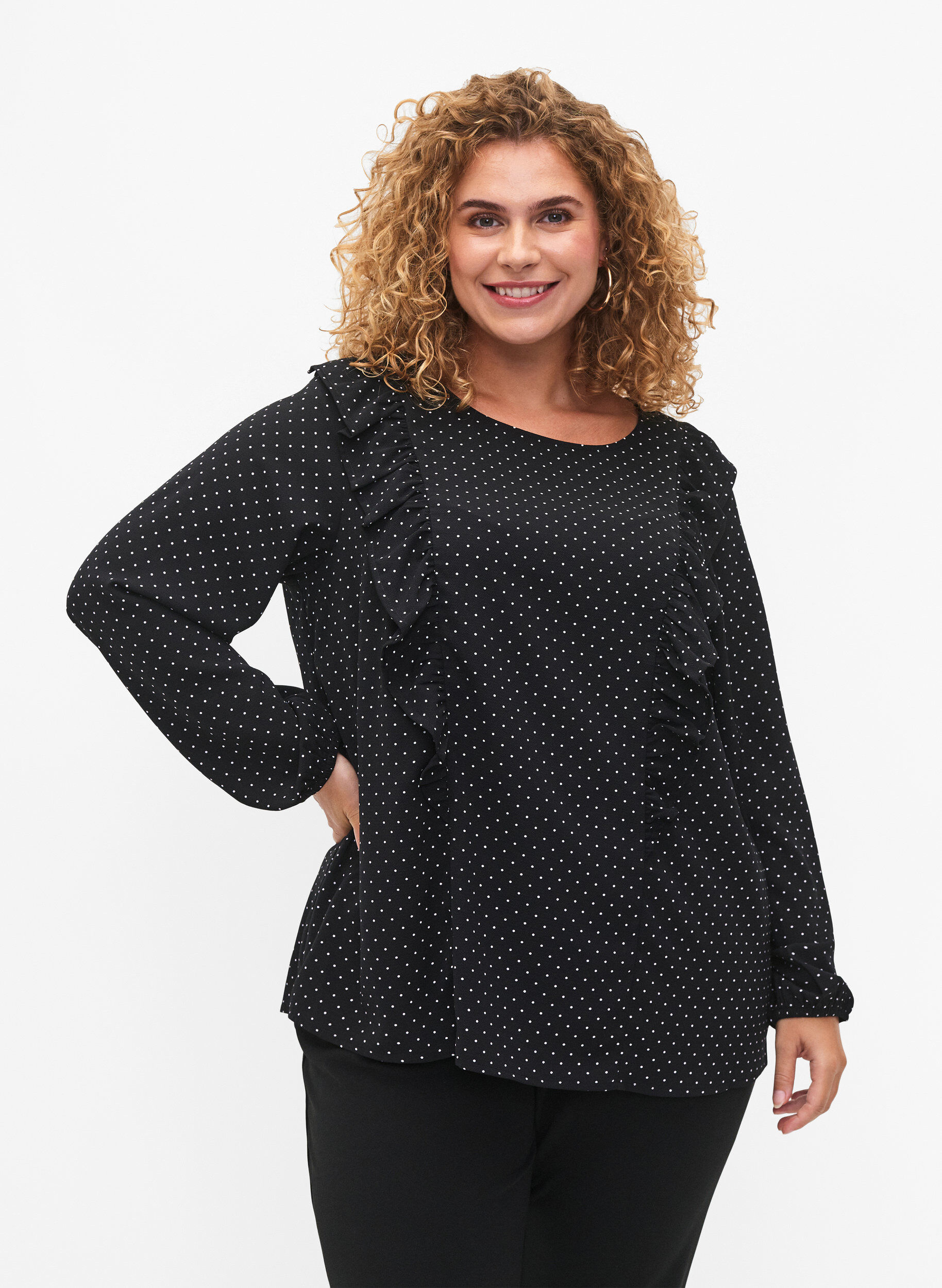 ZizziBlouse met lange mouwen en ruches, Black Dot, Model image number 0