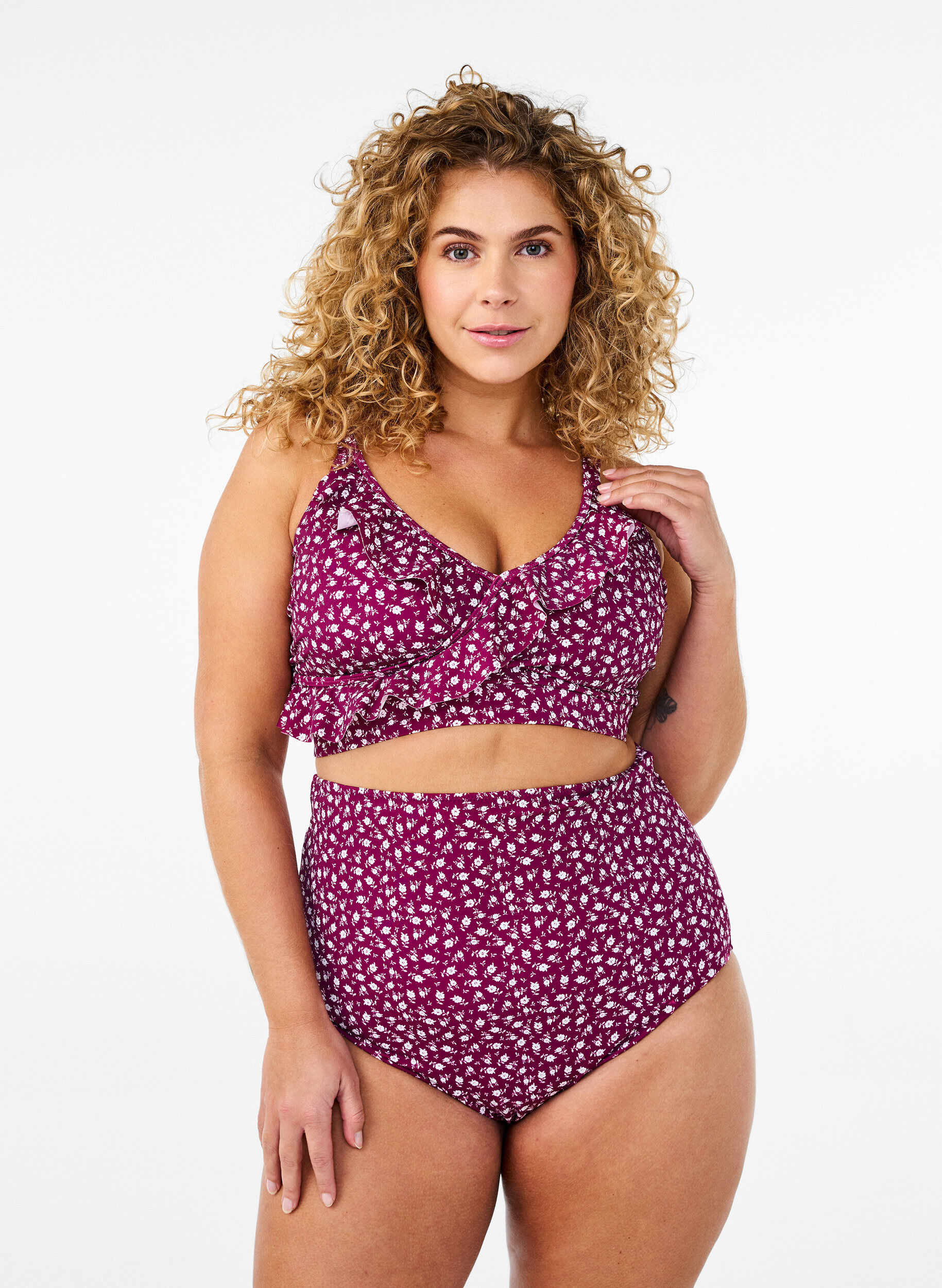 Bas de bikini taille extra haute avec imprim&eacute; floral, Bordeaux, Model