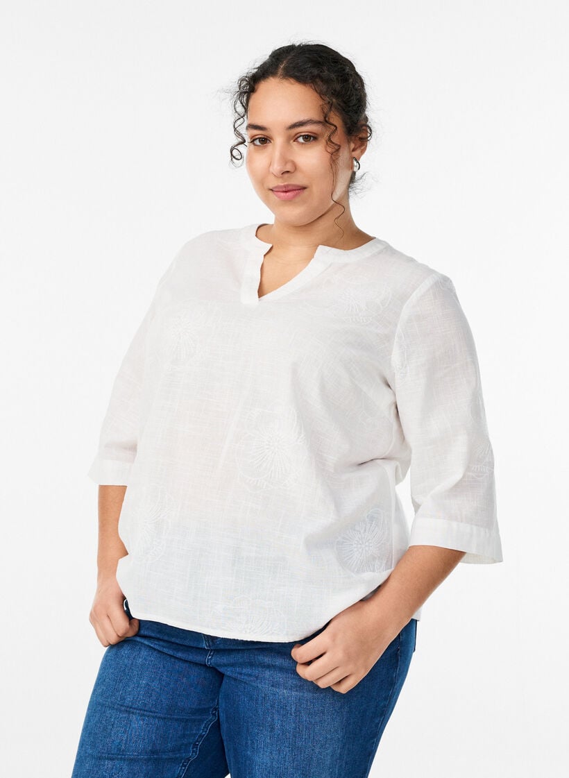 Blouse en coton avec d&eacute;tails brod&eacute;s et manches 3/4, Blanc, Model image number 0