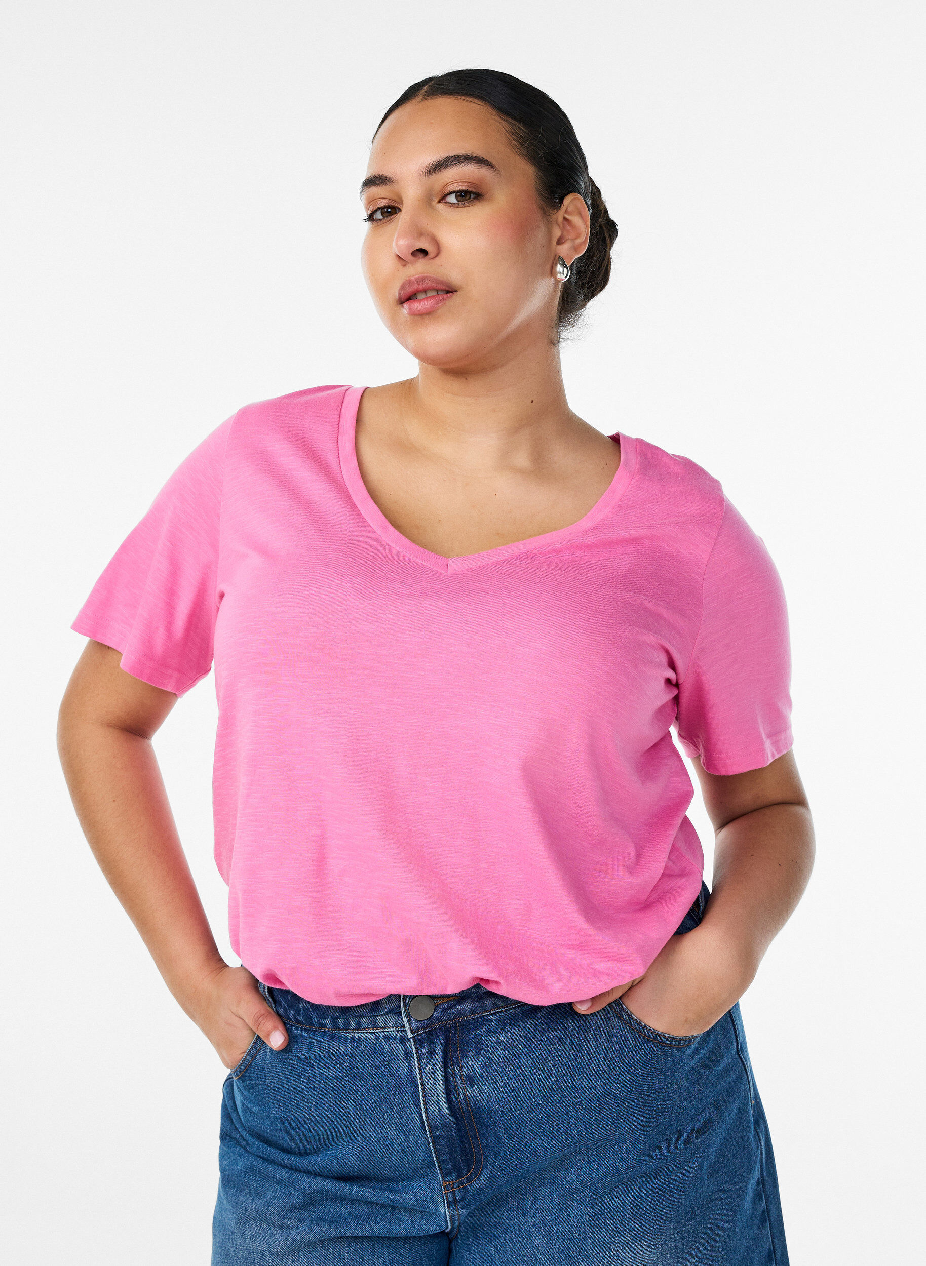 ZizziBasic t-shirt met korte mouwen en v-hals, Roze, Model image number 0