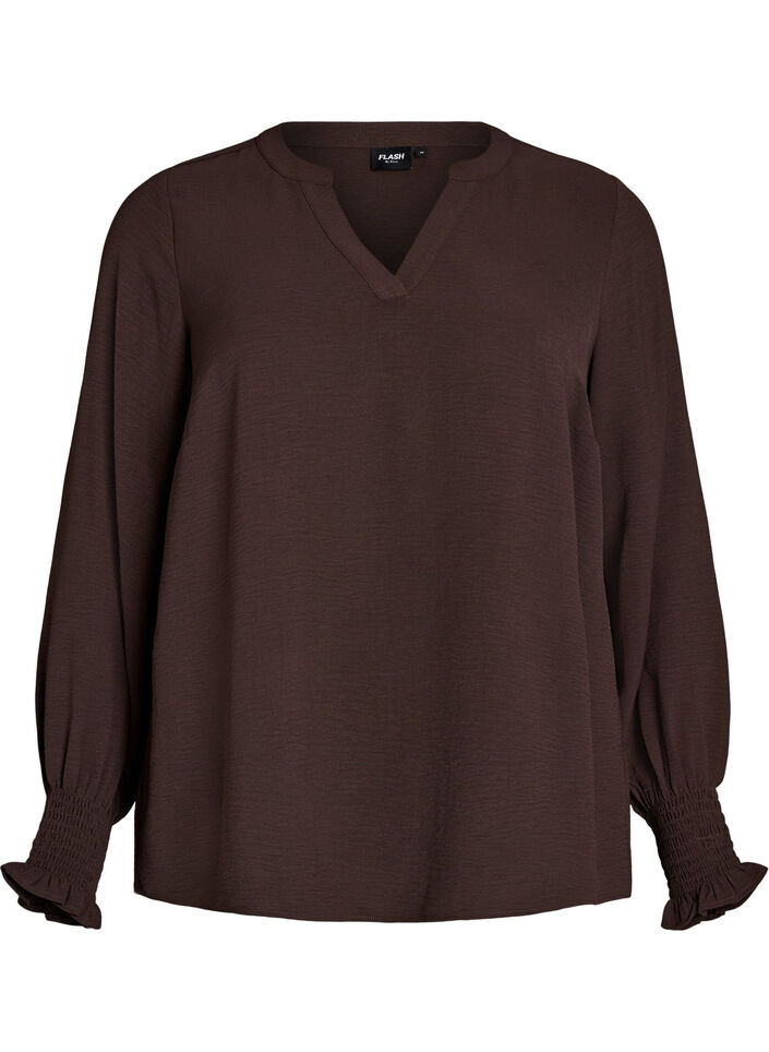 Blouse met smockmanchetten en V-hals, Bruin, Packshot image number 0
