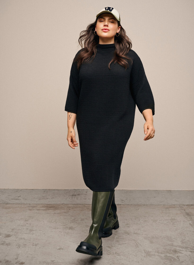 Gebreide jurk met korte mouwen, Black, Image image number 0