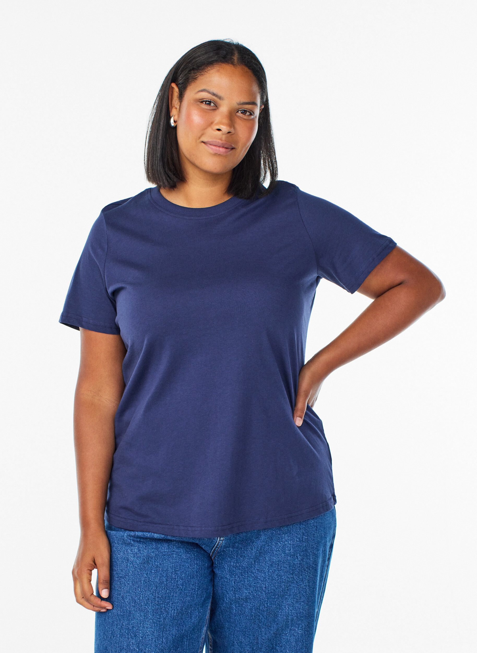 ZizziBasic katoenen T-shirt met ronde hals, Blauw, Model image number 0
