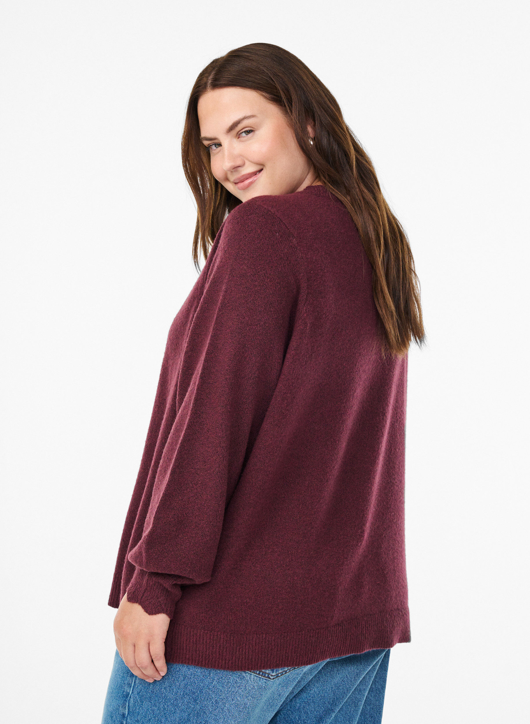 ZizziGebreide blouse met golvende randen, Donker Bordeaux, Model image number 2