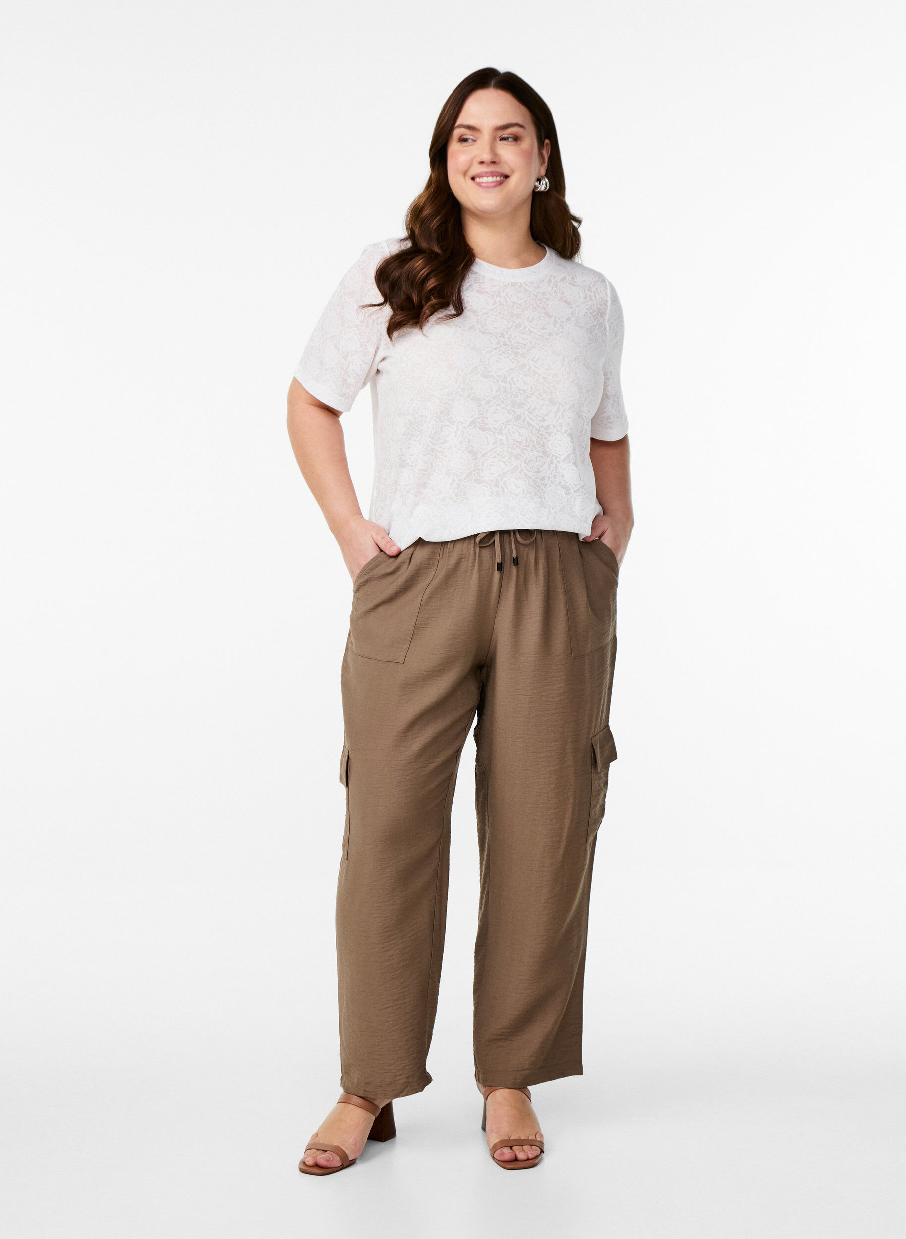 ZizziBlouse met korte mouwen en rozenpatroon textuur, Wit, Model image number 1