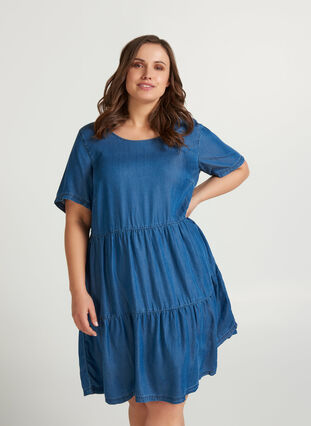Denim jurk met korte mouwen en plooien, Medium Blue, Model image number 0