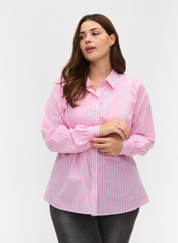 Chemise en coton à rayures, White/ Pink Stripe, Model image number 0