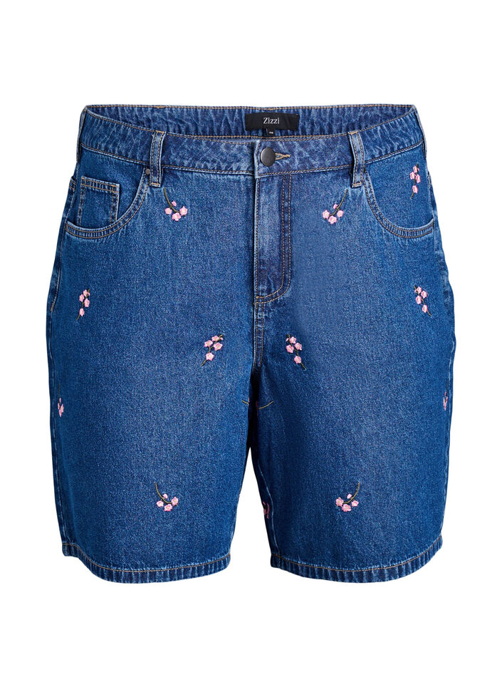 Shorts en jean avec des fleurs brod&eacute;es, Bleu intense, Packshot image number 0