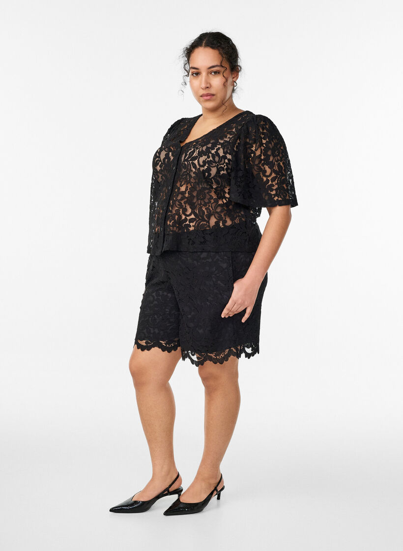 Short en dentelle taille haute avec poches, Noir, Model image number 1