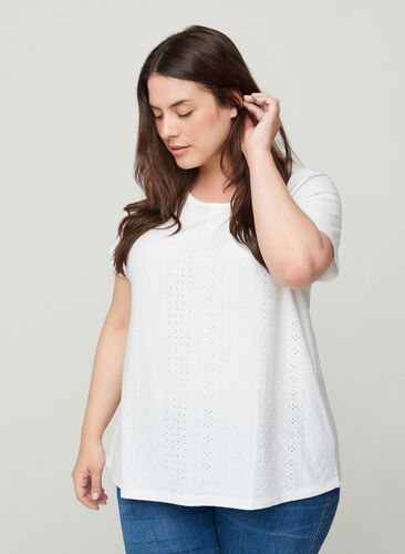 T-shirt met broderie anglaise, White, Model image number 0