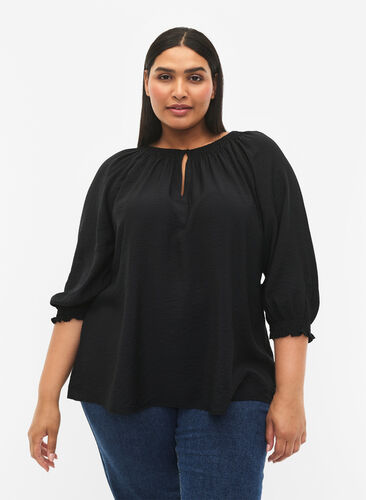 A-vormige viscose blouse met 3/4 mouwen, Black, Model image number 0