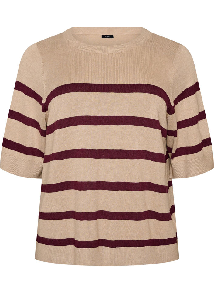 Haut en maille ray&eacute;e &agrave; manches courtes, Beige, Packshot image number 0