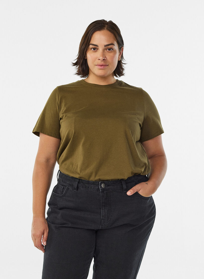 Basic katoenen T-shirt met ronde hals, Groen, Model image number 0