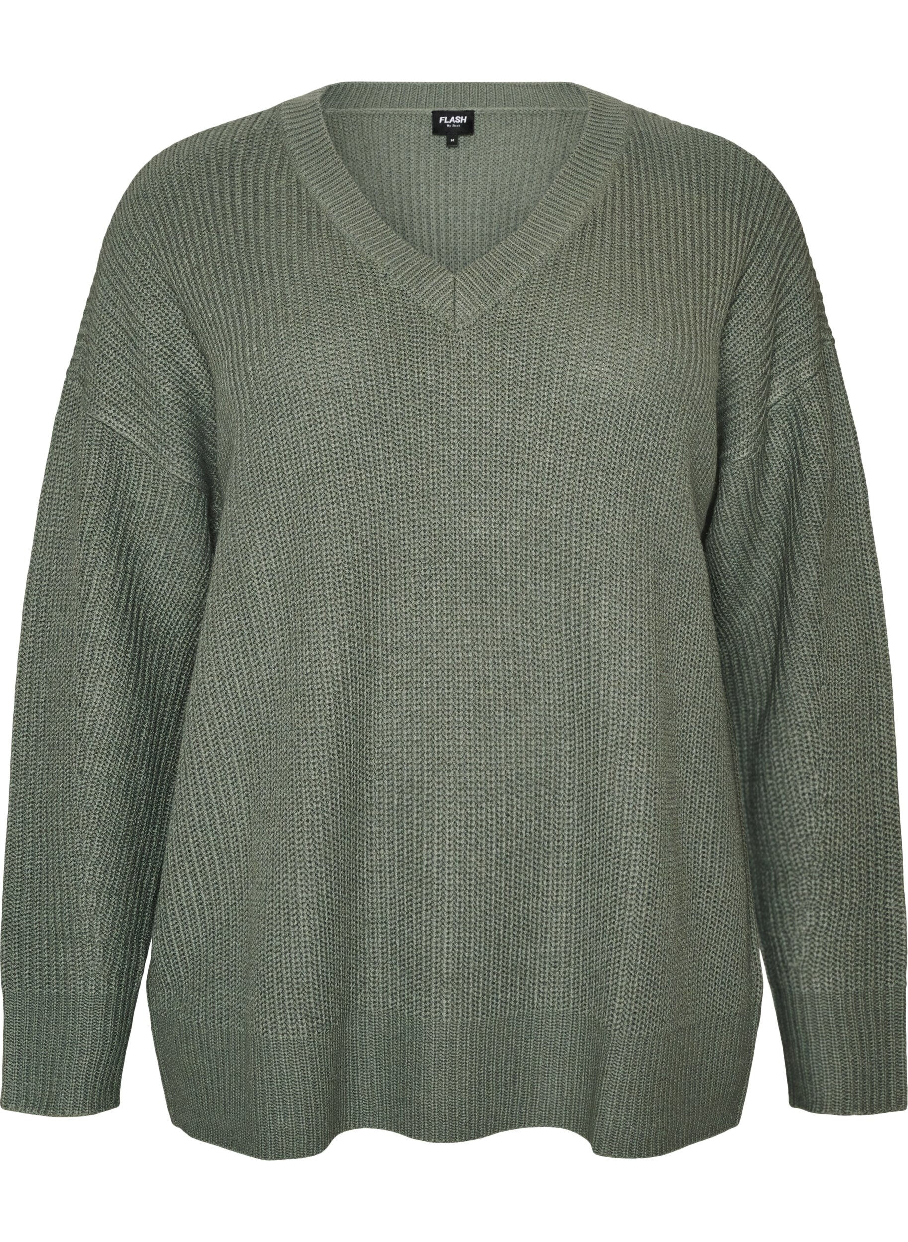ZizziLange ribgebreide blouse met V-hals, Groen, Packshot image number 0