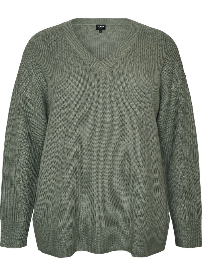 Lange ribgebreide blouse met V-hals, Groen, Packshot image number 0