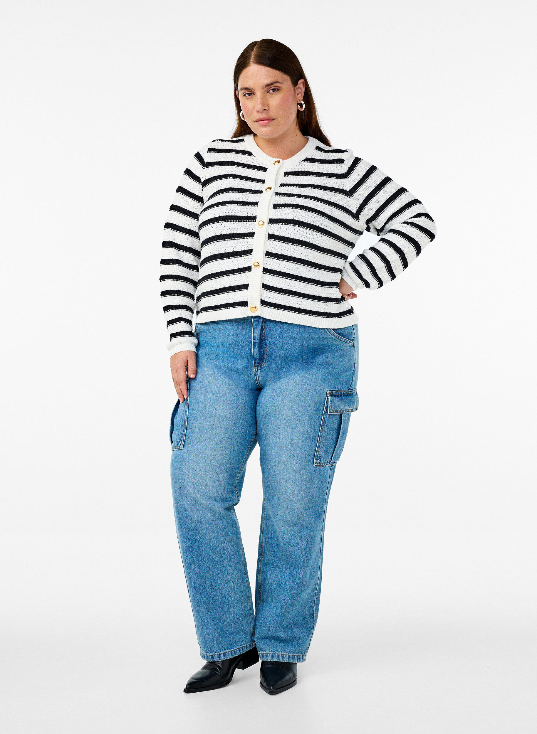 ZizziGestreepte cardigan met gouden knopen in breisel, Cloud D. w. Black, Model image number 2