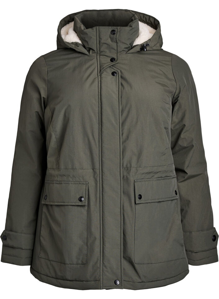 Lichtgewicht gewatteerde parka met teddy gevoerde capuchon, Groen, Packshot image number 0
