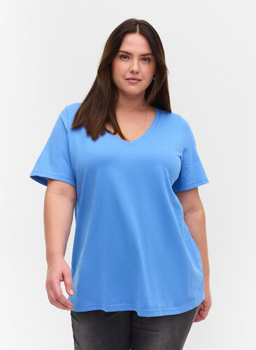 T-shirt en coton bio à col V, Ultramarine, Model image number 0