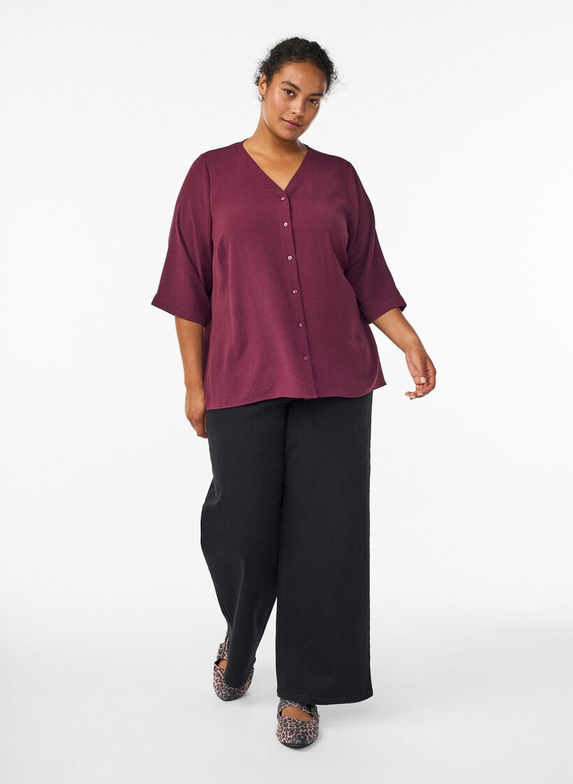 Shirtblouse met V-hals en 3/4 mouwen, Rood, Model image number 1