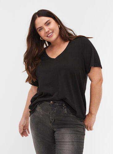 T-shirt en coton bio à col V, Black, Model image number 0