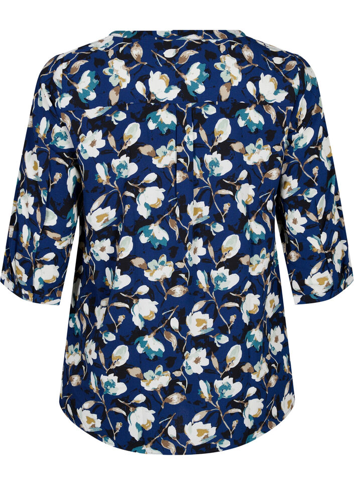 Gebloemde blouse met 3/4 mouwen, P. Blue Flower AOP, Packshot image number 1
