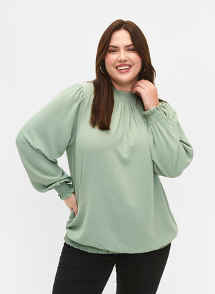 Effen smok blouse met lange mouwen, Green Bay, Model image number 0