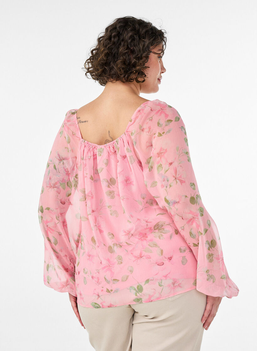 Chiffon blouse met bloemenprint en lange mouwen, Roze, Model image number 2