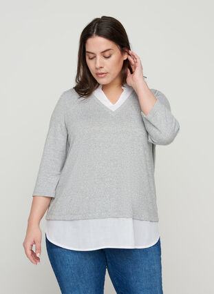 Gemêleerde blouse met 3/4 mouwen en hemd details, Light Grey Melange, Model image number 0