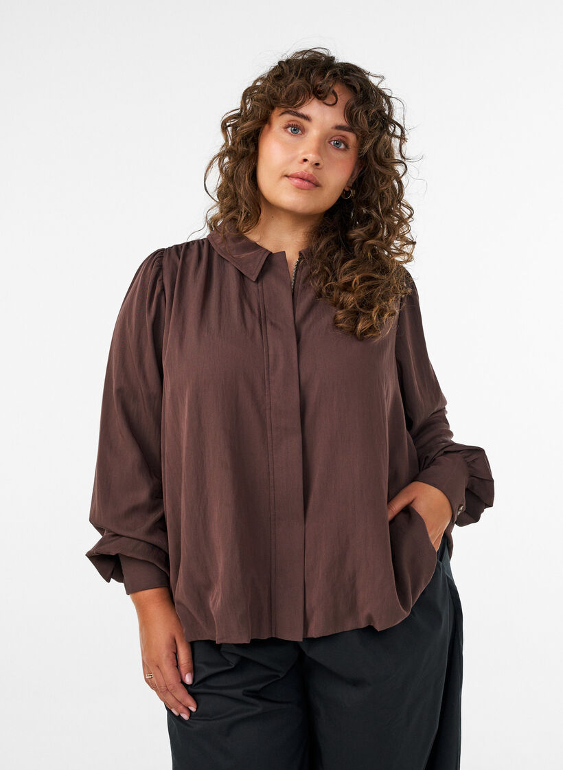 Chemise coupe ballon avec fermeture zipp&eacute;e invisible, Marron, Model image number 0