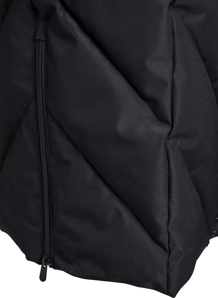 Lange winterjas met haaksluitingen en een nep bontkraag, Zwart, Packshot image number 4