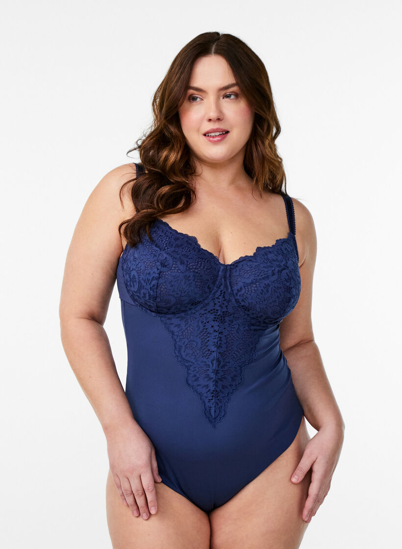 Bodystocking met beugels en kanten details, Blauw, Model image number 0