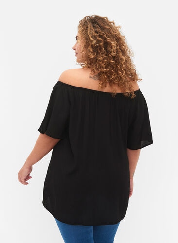 Gestreepte blouse van viscose met korte mouwen, Black, Model image number 1