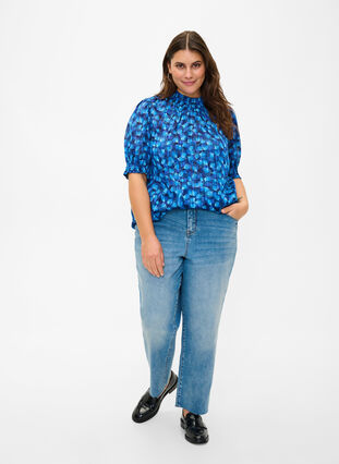  Smock-blouse met korte mouwen en print, Navy Blazer Leaf AOP, Model image number 2