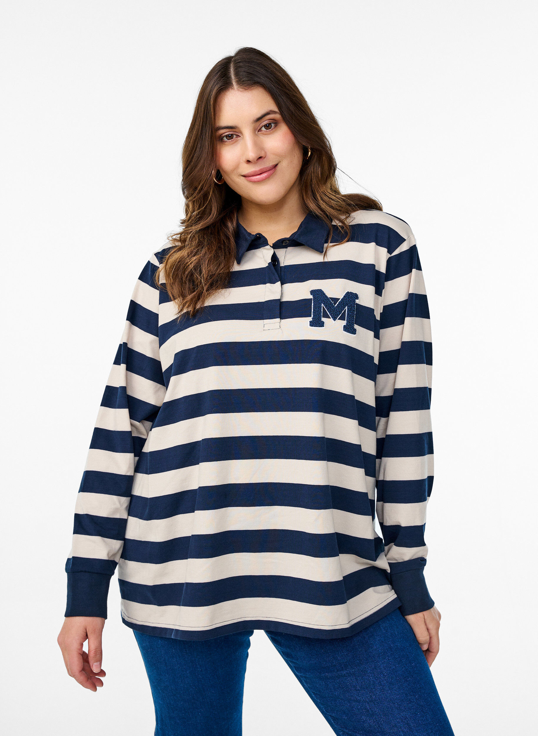 Polo &agrave; rayures avec d&eacute;tails en tissu &eacute;ponge, Birch w. Navy, Model