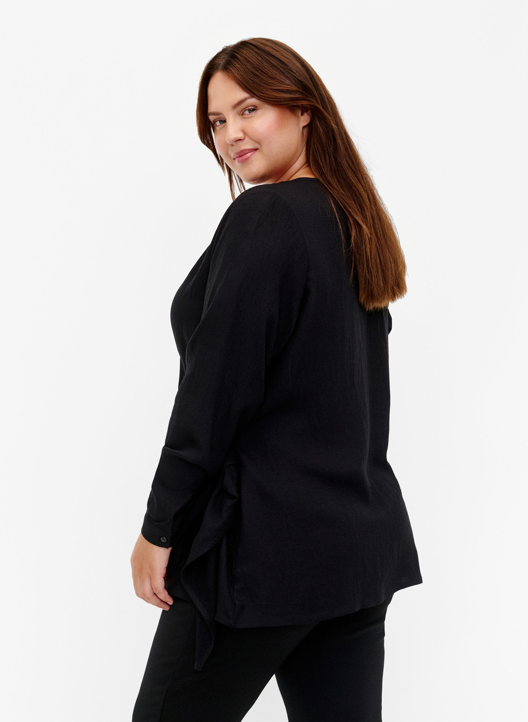 ZizziBlouse met lange mouwen in viscose met een wikkel-look, Black, Model image number 1