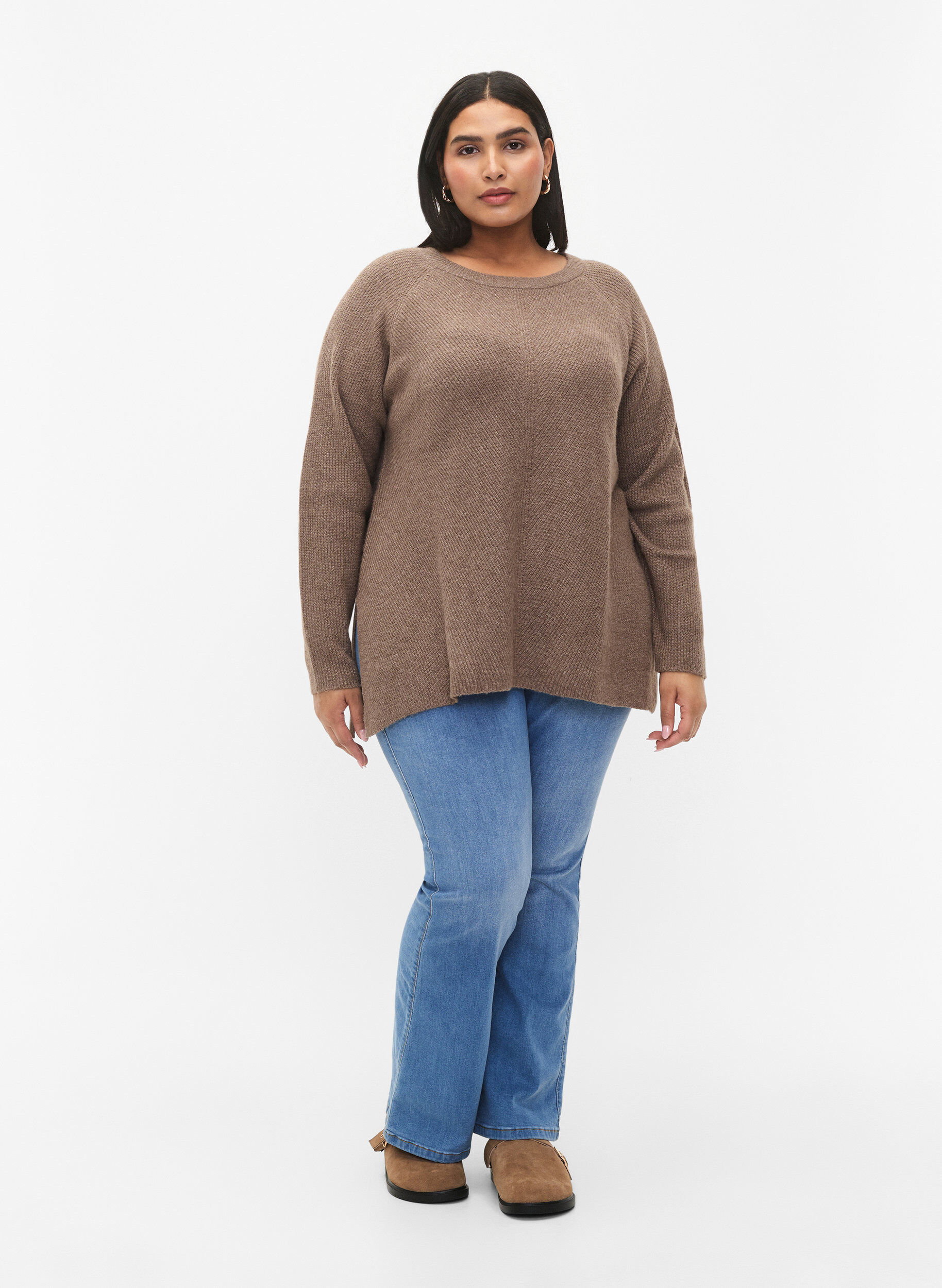 ZizziGem&ecirc;leerde pullover met zijsplit, Walnut/White Mel., Model image number 2