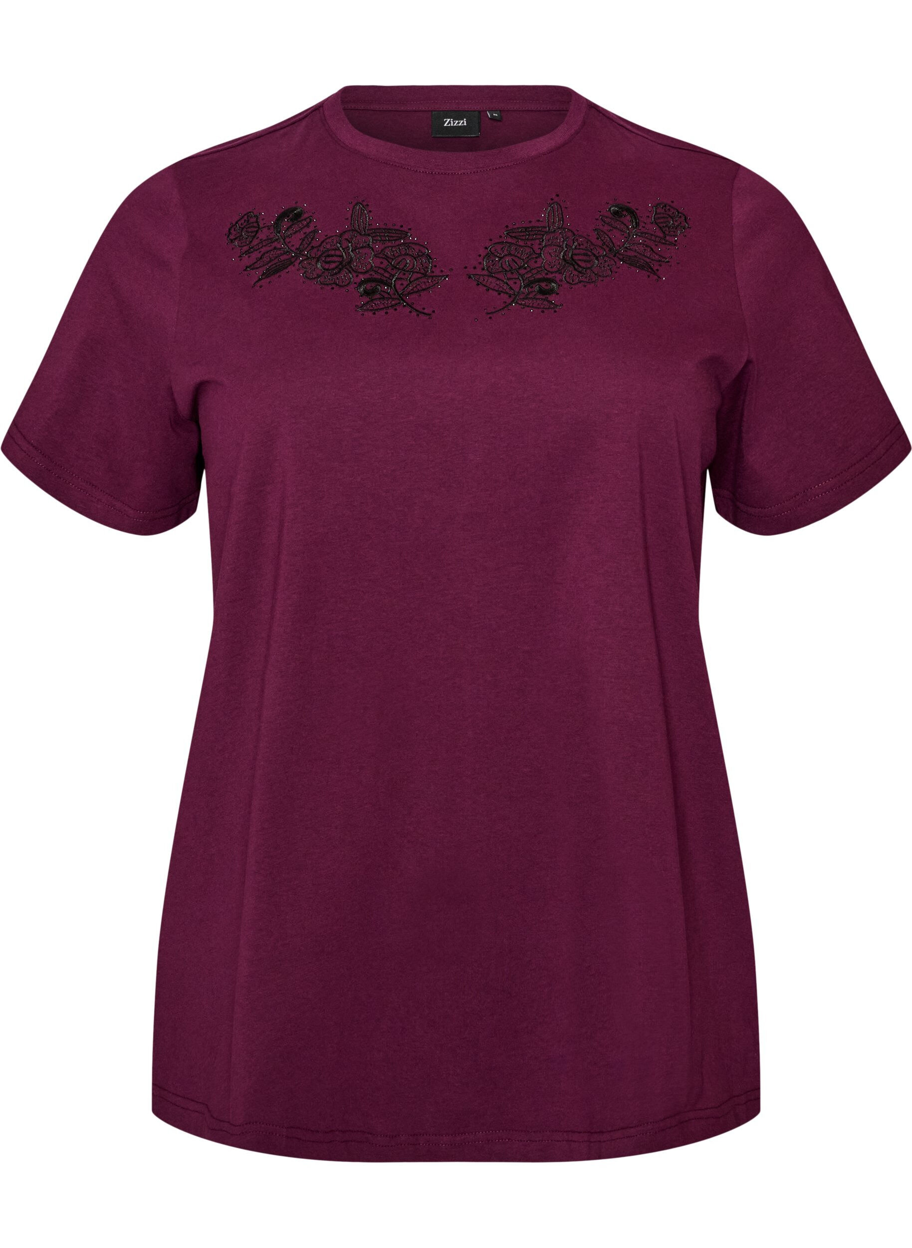 ZizziT-shirt met bloemenborduursel en strassteentjes, Paars, Packshot image number 0