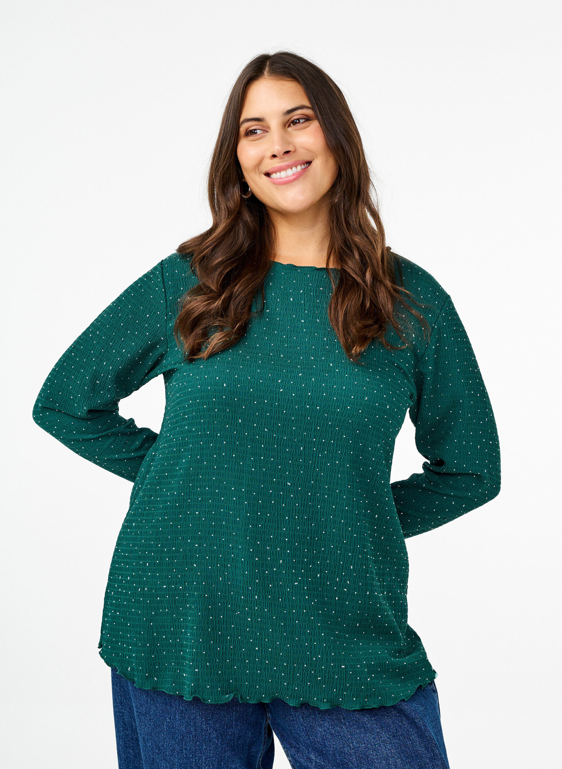 ZizziBlouse met lange mouwen en strassstenen, Groen, Model image number 0