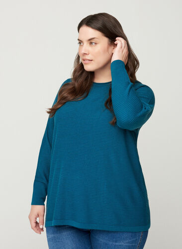 Gebreide geribbelde sweater met ronde hals , Blue Coral, Model image number 0