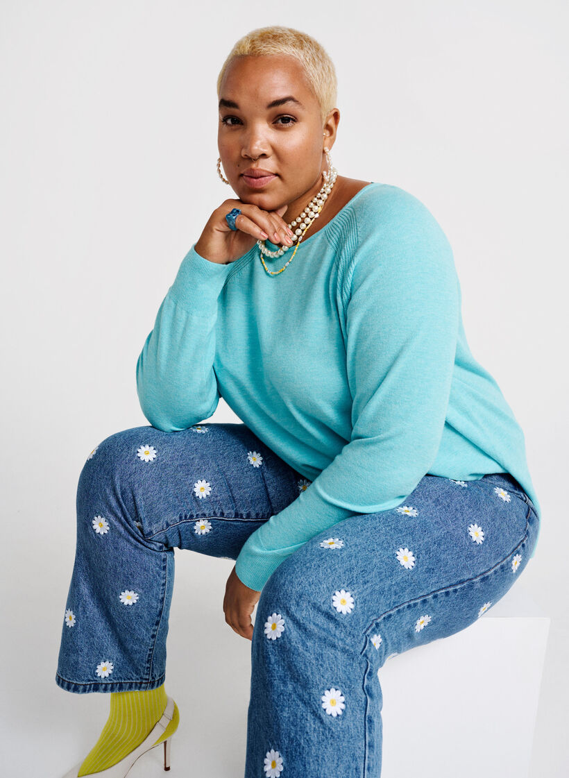 Gebreide blouse met raglanmouwen, Blue Curacao Mel., Image image number 0