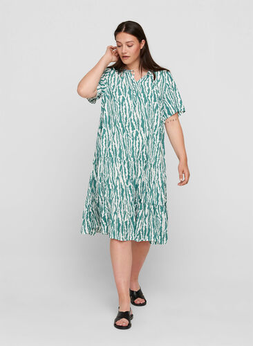 Viscose jurk met print en korte mouwen, Green Animal Print, Model image number 0