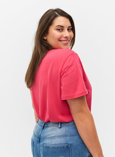T-shirt en coton à manches courtes avec imprimé, Raspberry TEXT, Model image number 1