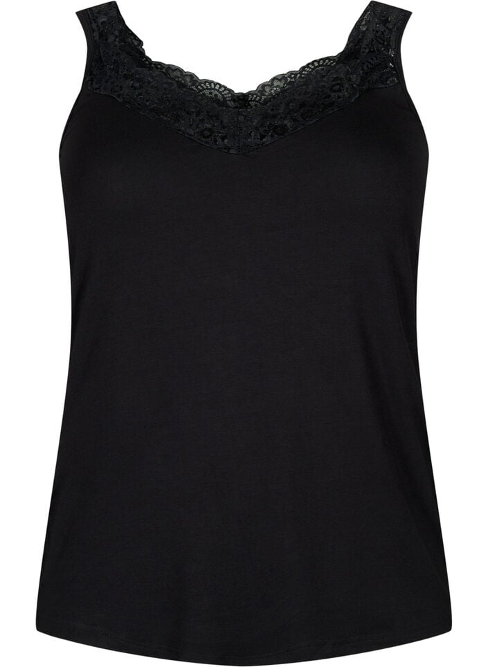 Viscose top met kanten rand, Zwart, Packshot image number 0